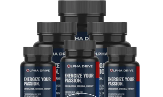 AlphaDrive supplement bottles, navy label with red accent stripe