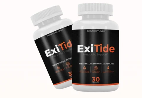 ExiTide metabolic support capsule bottles, black label with orange accent