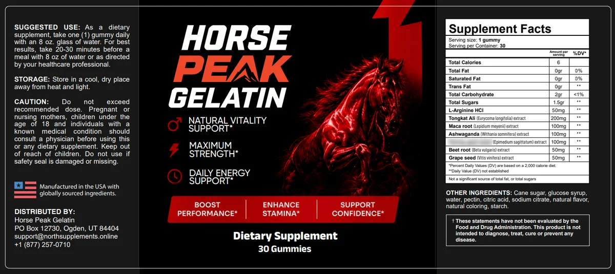 Horse Peak Gelatin Supplement Facts label listing each ingredient with its dose