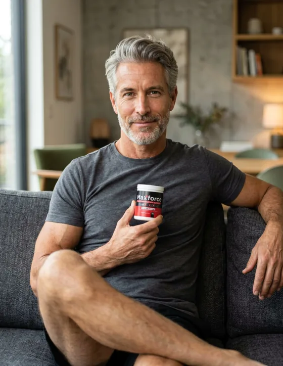A confident middle-aged man at home holding Max Force