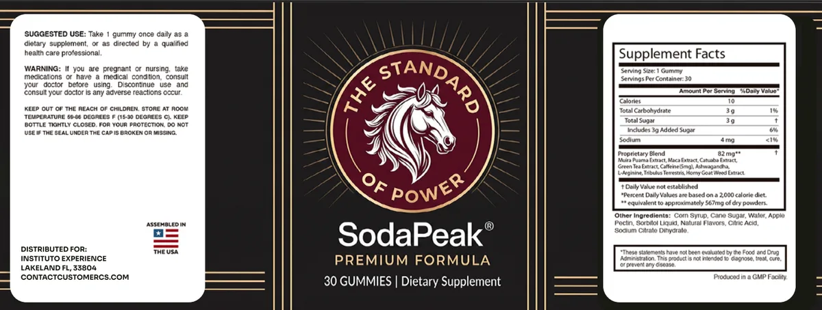 SodaPeak Supplement Facts label showing a Proprietary Blend of 82mg across nine ingredients