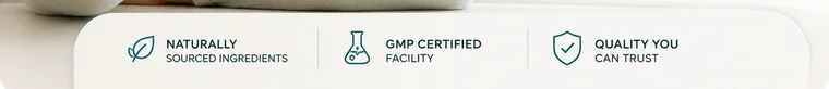 Trust badge strip from Trimoryn's official promotional banner reading Naturally Sourced Ingredients, GMP Certified Facility, Quality You Can Trust