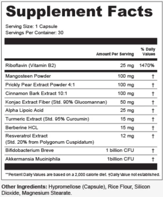 Trimoryn Supplement Facts panel listing all eleven ingredients with their doses per capsule